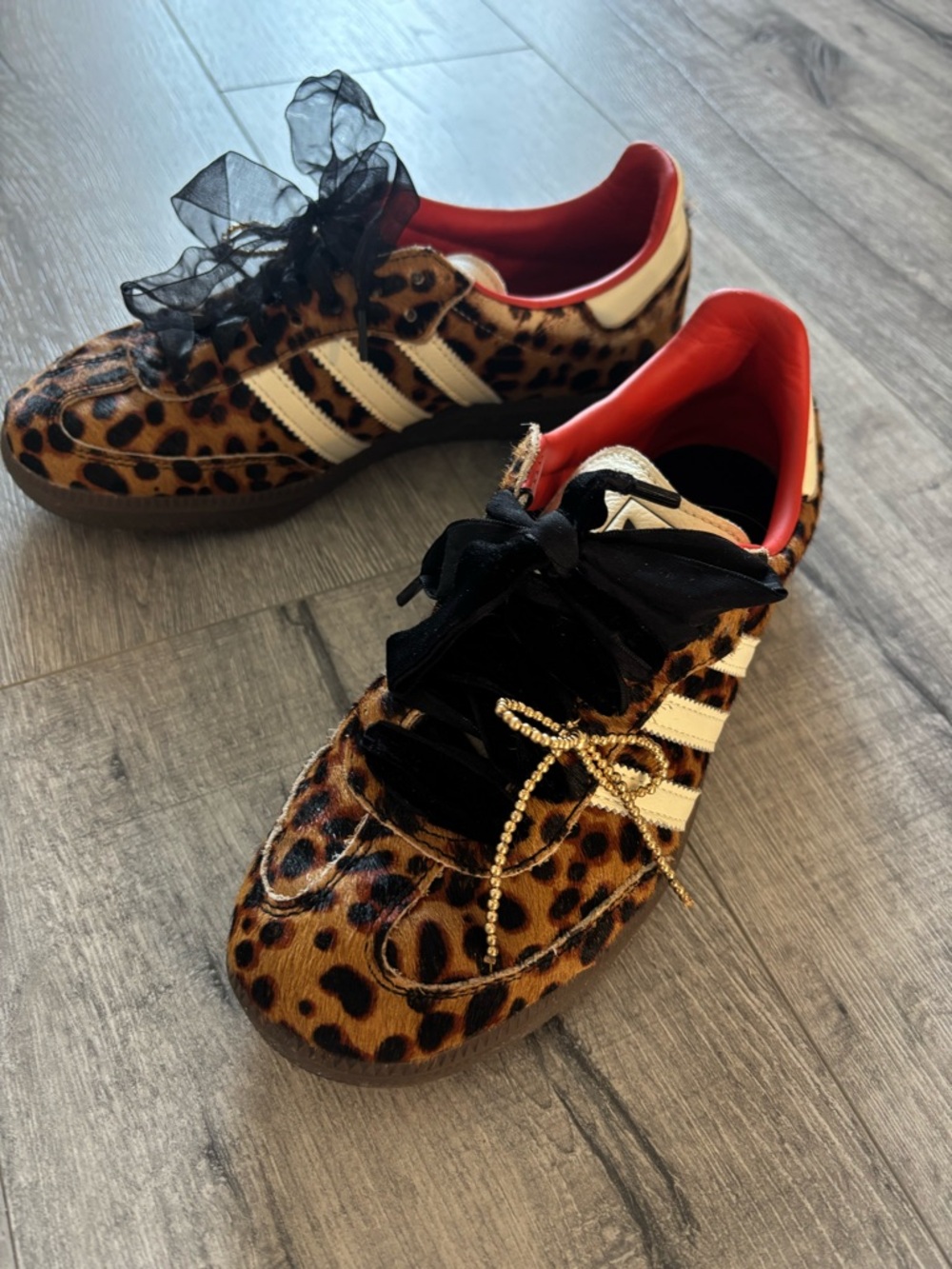 adidas Leopard-Print Gazelle Sneakers with Red Lining / custom laces and bows.